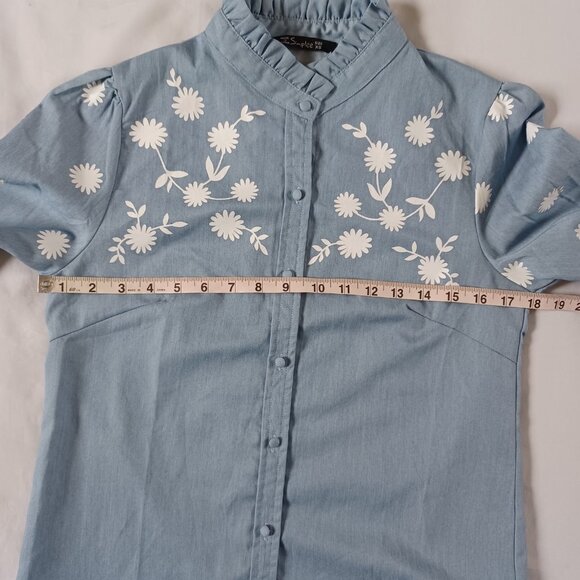 Simplee Womens Top Light Blue Mock Neck Puff Sleeve Folk Blouse Shirt Size XS - Picture 6 of 7